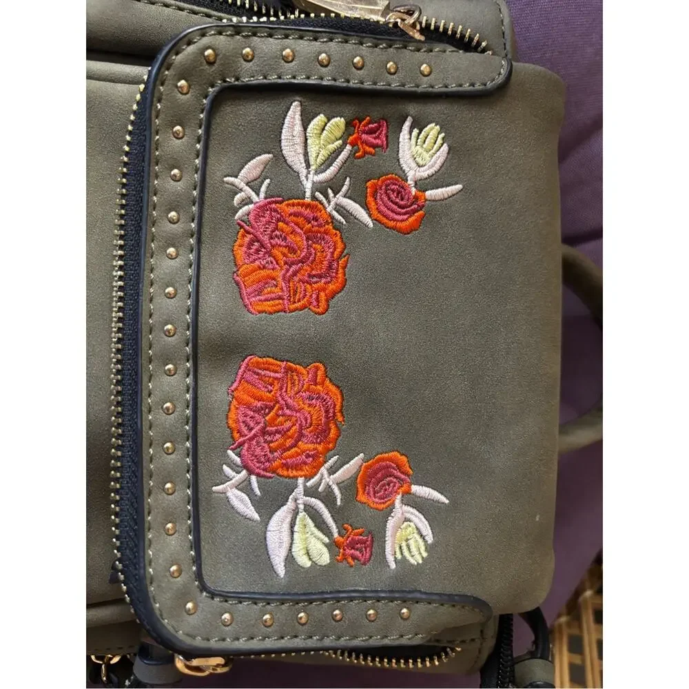 Olive Green Mini Backpack Purse with Red Rose Flower Embroidered Details